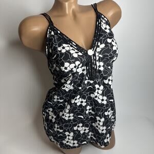 Little Journey Womens Small Camisole Black White Floral Double Strap Button Y2K